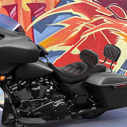 C.C. RIDER Classic Seat Backrest Pad - Driver Seat Rider Sissy Bar Passenger Backrest Pad Kit fit for Harley Davidson Touring Road King Street Glide Electra Glide Road Glide 2014-2023 - color: Seat + Driver Pad + Passenger Sissy Bar Black Red