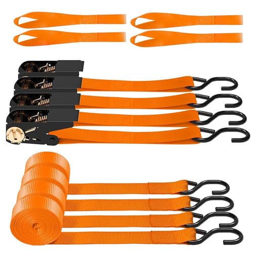 AWELCRAFT Ratchet Straps 4 Pack,1 Inch x 15 Feet Tie Down Ratcheting Strap,1500lb Breaking Strength with S-Hook,4X Soft Loops for Moving Appliances,Lawn Equipment,Truck,Motorcycle(Orange) - color: Orange