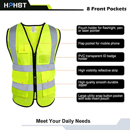 5 Pockets High Visibility Reflective Safety Vest,Zipper Front, Meets ANSI/ISEA Standards - color: Yellow, size: X-Large