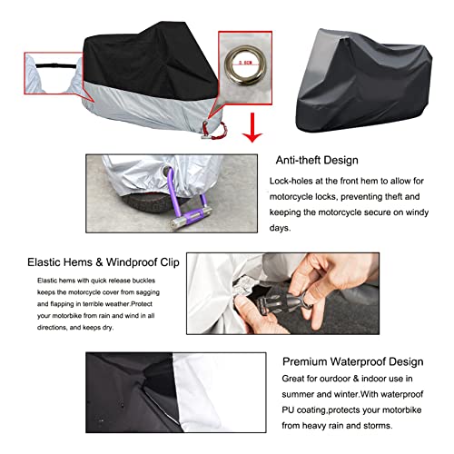 BAIONE Waterproof Motorcycle Dust Cover with Lock Holes for Indian Chief, Chieftain Roadmaster,Dark Horse, Springfield, 116 Inches XXXX Large(Black and Silver)
