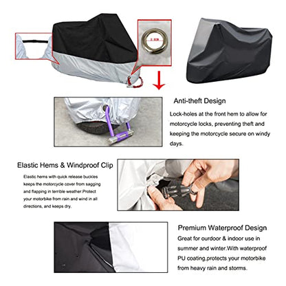 BAIONE Waterproof Motorcycle Dust Cover with Lock Holes for Indian Chief, Chieftain Roadmaster,Dark Horse, Springfield, 116 Inches XXXX Large(Black and Silver)