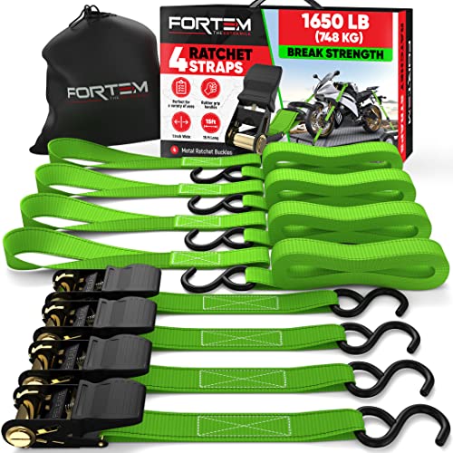 FORTEM Ratchet Straps, Tie Down Strap Set 1650lb Break Strength, 4 Pack 15ft x 1in, 4 Soft Loops, Moving Straps Tie Downs, Cargo Cam Buckles for Trucks, Carry Bag, for Men - color: Green