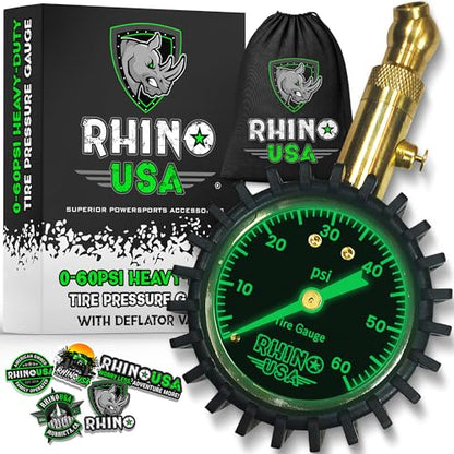 Rhino USA Heavy Duty Tire Pressure Gauge (0-60 PSI) - Certified ANSI B40.1 Accurate, Large 2" Easy Read Glow Dial, 360 Swivel Head, Solid Brass Hardware, Best for Any Car, Truck, Motorcycle, RV - size: 60 PSI Compact