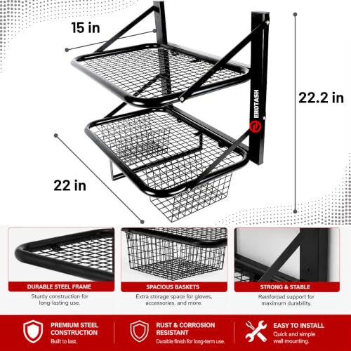 Motorcycle Helmet Wall Mount, 2-Tier Helmet Holder Wall Mount with Shelf & Baskets, Motorcycle Gear Rack Storage for Jackets, Gloves, Keys and Riding Accessories