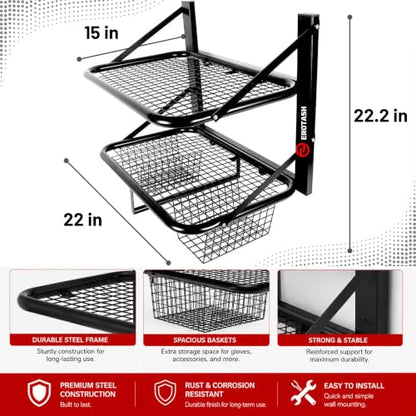Motorcycle Helmet Wall Mount, 2-Tier Helmet Holder Wall Mount with Shelf & Baskets, Motorcycle Gear Rack Storage for Jackets, Gloves, Keys and Riding Accessories