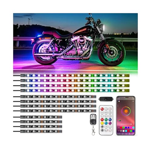 12Pcs RGB+IC Chasing Motorcycle LED Lights for Harley Davidson Yamaha Kawasaki Golf Cart ATV, Motorcycle LED Underglow Kit with App/RF Remote, Brake & Turn Signal, Waterproof Dreamcolor Neon Strip 12V - color: RGB+IC 12 Pcs
