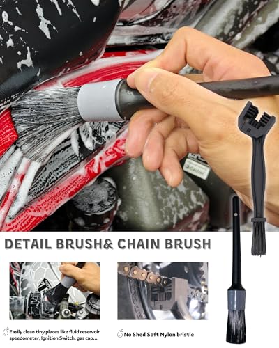 oesee 8 Pack Motorcycle Cleaning Kit - Professional Safe for Chrome/Engine/Tires, Hard Reach Brush, Microfiber Mitt, Detailing Tools, Drying Towel & Wax Applicators