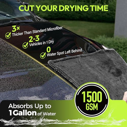 AutoManiacs Drying Towel for Car Detailing, 1500 GSM Ultra Super Absorbent, 24"x36" XL Soft Microfiber Towels for Cars, Twisted-Loop & Streak Free Microfiber Towels for Cars, Trucks, SUVs