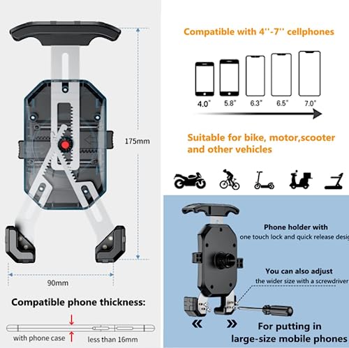Kewig Bike Phone Mount Holder, Motorcycle Phone Mount [1s Lock] [One Hand Operation], Bicycle Scooter Handlebar Cradle Clip for 4.0-7" Phone - color: Black