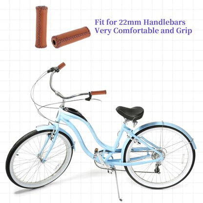 Bike Bicycle Comfort Handlebar Grips Brown Beach Bike Soft Synthetic Leather Handlebar Cover Grips Bar Vinyl Leather Grips Fits Most (7/8") 22.2mm Bicycle Handlebar