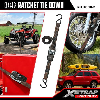 XSTRAP STANDARD 8-Pack Ratchet Tie Down Straps, 1" x 10ft, 900lb Break Strength Heavy Duty Straps for Motorcycles, ATVs, Lawn Equipment, Appliances & Truck Cargo - Camouflage - color: Camouflage