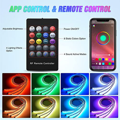 Nilight 4Pcs Car Underglow Neon Accent Strip Lights 256 LEDs RGB Multi Color DIY Sound Active Function Music Mode with APP Control and Remote Underbody Light Strips - color: 4Pcs Underglow Light Strip w/Remote+APP
