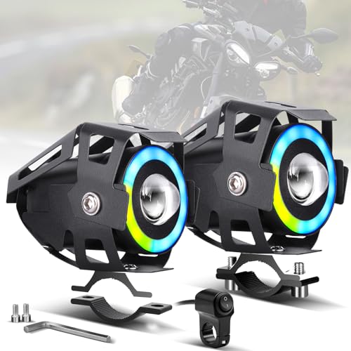 Motorcycle LED Fog Lights U7 Spotlight with High Low Strobe Beam Halo Rings White Central with U7 LED Running DRL Switches Clamps Universal Spotlights Driving Lights 2 Packs - color: Colorful