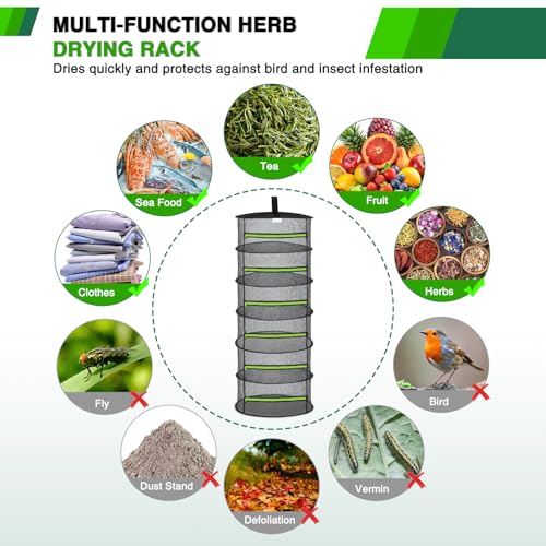 Yesker 6 Layer Herb Drying Rack Hanging Mesh Net Foldable Plant Drying Racks 24" w Green Zipper Pruning Shears Hook Dryer Hanging Rack for Herbs Seed Bud Fruit Clothes Grow Tent Closets Garden Outdoor - size: 6 Layers Fluorescent Green & Black