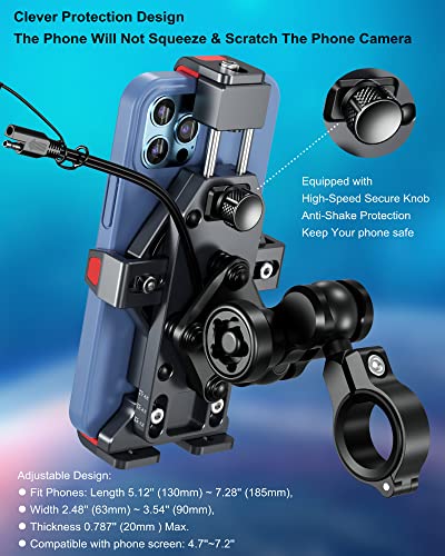 BRCOVAN Aluminum Alloy Motorcycle Phone Mount with Qi 15W Wireless Charger | with Vibration Dampener, Waterproof Anti-Theft Motorcycle Handlebar Cellphone Holder, Adjustable Fit 4.7''-7.2'' Smartphones - color: BLACK