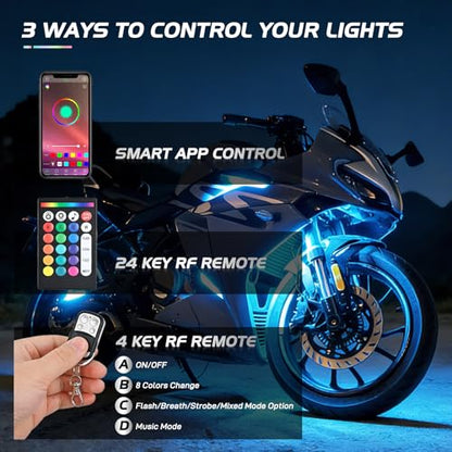 Nilight 20PCS Motorcycle RGB LED Light Kit Waterproof Multi Color Atmosphere Neon Accent Lights Lamp APP and Remote Control Underbody Strips for Harley Davidson Honda Kawasaki Yamaha Suzuki - color: 20Pcs RGB LED Strip-APP