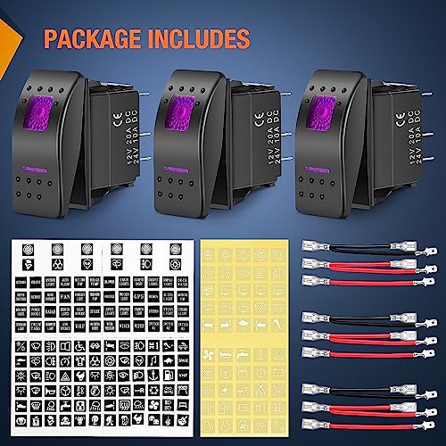 Nilight 3 Pack Rocker Switches with Night Glow Stickers On Off 5 PIN SPST LED Switch Pinkish Purple Backlit 12V/24V for Cars Trucks RVs Boats Auto Motorcycles - color: Purple 3 PCS