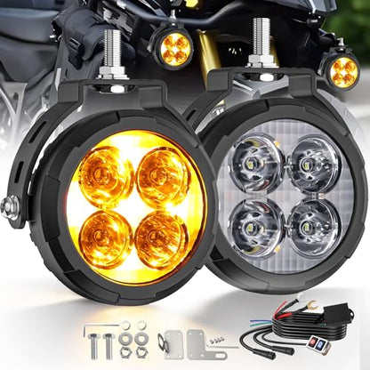 3.5 Inch LED motorcycle auxiliary headlight Amber/white two-tone LED fog lights with 9 modes Includes wiring harness and bracket Compatible for motorcycles, SUV, Truck, ATV - size: Pair 3.5 inch
