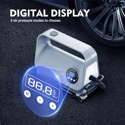 YIJU Tire Inflator Portable Air Compressor Tire Air Pump for Car Tires - Car Accessories, 12V DC Auto Pump with Digital Pressure Gauge, Emergency LED Light for Motorcycle, Bike,Gray