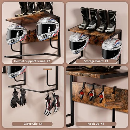 Motorcycle Helmet Holder Wall Mounted, Helmet Rack Wall Mount with Helmet Rack, 4 Glove Chips and 4 hooks, Rustic Helmets Holder and Motorcycle Helmets Racks for Most of Helmet and Clothes - color: Retro