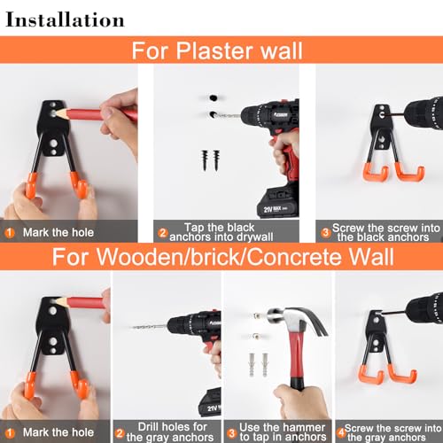 AOBEN 24PCS Garage Hooks, Heavy Duty Double Garage Hanger Organizer Wall Mount Iron Anti-Slip Garage Storage Hooks for Ladder, Power Tool,Bike,Ropes（23 Hooks & 1 hoder Strap-Orange - size: 24PCS OR