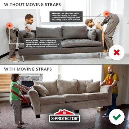 X-Protector Moving Straps - 2 Pairs - Lifting Straps for 2 Movers - Move Furniture Easily and Safely - Perfect for Lifting & Moving Heavy Objects (Adjustable Length 50-118”) - style: Moving Straps (With Back Support)