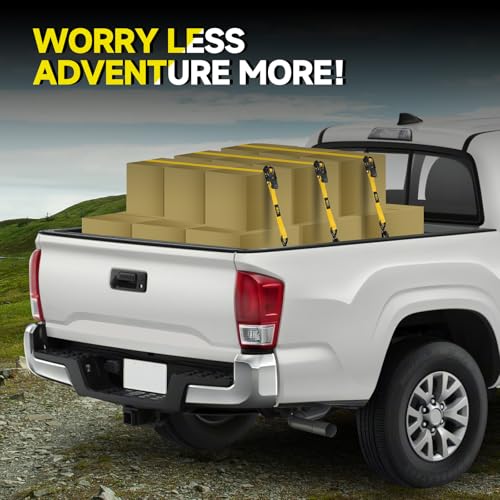 4Pcs Ratchet Tie Down Straps Kit for 2400lb Break Strength | 1” x 16FT Tie Down Straps with Soft Loop Tie-Downs & Safety S Hook - Cargo Strap Tie Down for Trucks, Motorcycle, Moving, Appliances-Yellow - color: Yellow