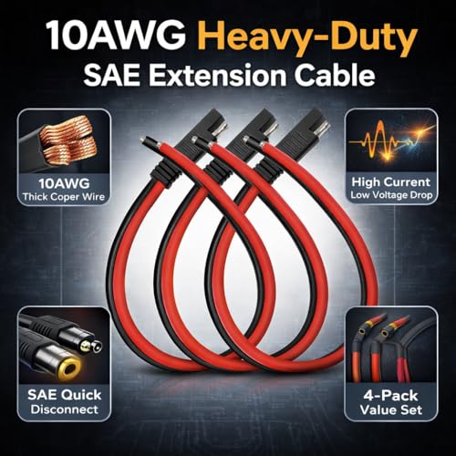4 PCS 10AWG SAE Connector Extension Cable 1FT,Heavy Duty 12V SAE Connectors Quick Disconnect Power Cable,10AWG Pigtail Wire,1FT SAE Extension Cord Compatible with Solar Panel,Motorcycle,Car,RV,Tractor