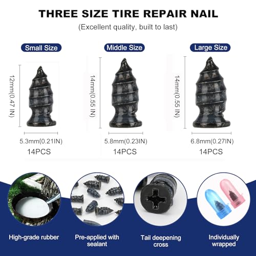 42PCS Tire Repair Rubber Nails Screws Kit with 2 Tubes Black Tire Sealant Glue & Screwdriver, 3 Sizes Universal Screw-in Tire Repair Plugs, Puncture Fix Tools for Car Motorcycle Truck ATV RV Tractor