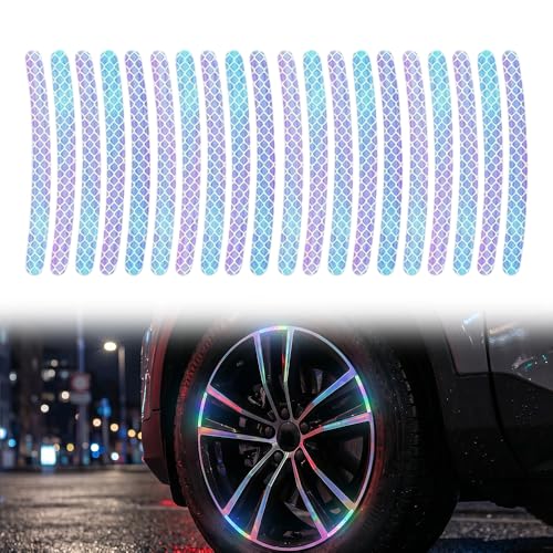 Reflective Car Wheel Rim Stickers, 20 Pcs Night Safety Warning Tape for Cars Motorcycles Bicycles, Waterproof Anti-Scratch PVC Rim Decals, High Visibility for Wheel Side (Prism Rainbow) - color: Prism Rainbow