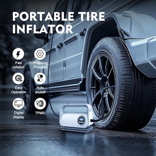 YIJU Tire Inflator Portable Air Compressor Tire Air Pump for Car Tires - Car Accessories, 12V DC Auto Pump with Digital Pressure Gauge, Emergency LED Light for Motorcycle, Bike,Gray