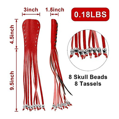 Motorcycle Lever Cover PU Leather Fringed Brake Clutch Covers Universal Grip Tassels Motorcycle Handlebar Covers with Skull Beads - color: Red
