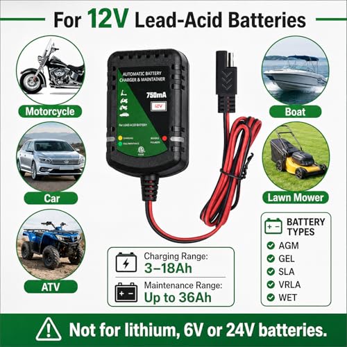 Unocho 12V Battery Charger 750mA Automatic Trickle and Float Maintainer for Lead-Acid Batteries, SAE Quick Disconnect with Clips and Ring Terminals for Motorcycle, Car, ATV, Boat, Lawn Mower