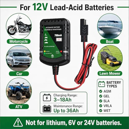 Unocho 12V Battery Charger 750mA Automatic Trickle and Float Maintainer for Lead-Acid Batteries, SAE Quick Disconnect with Clips and Ring Terminals for Motorcycle, Car, ATV, Boat, Lawn Mower