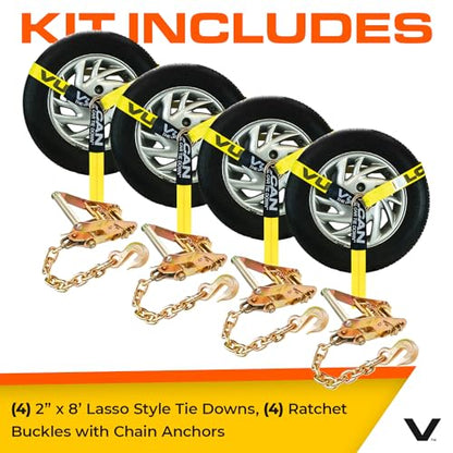 VULCAN Car Tie Down with Chain Anchors - Lasso Style - 2 Inch x 96 Inch - 4 Pack - Classic Yellow - 3,300 Pound Safe Working Load - size: Chain Anchors - Classic Yellow (4 Pack)