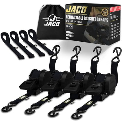 JACO Retractable Ratchet Straps - 1 in x 15 ft (4-Pack) (1,760lbs Break Strength) | Auto Self Retracting Cargo Tie Down Strap Set (Black) - color: Black, size: 4-Pack