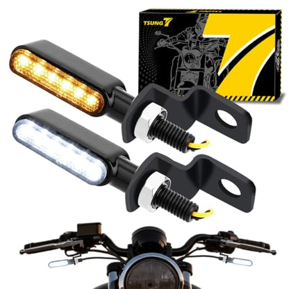 TSUNG Flowing LED Motorcycle Turn Signal Lights Sequential Front Rear Blinkers Indicators Universal Fits for Cruiser Touring Bobber Cafe Racer Street Bikes (Black-White&Amber) - color: Black-White&Amber