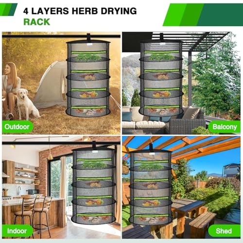 Yesker 4 Layer Herb Drying Rack Hanging Mesh Net Foldable Plant Drying Racks 24" Diameter with Green Zipper & Hook Dryer Hanging Rack for Herbs Seed Bud Fruit Clothes Grow Tent Closets Garden Outdoor - size: 4 Layers Fluorescent Green & Black with Hook