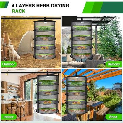 Yesker 4 Layer Herb Drying Rack Hanging Mesh Net Foldable Plant Drying Racks 24" Diameter with Green Zipper & Hook Dryer Hanging Rack for Herbs Seed Bud Fruit Clothes Grow Tent Closets Garden Outdoor - size: 4 Layers Fluorescent Green & Black with Hook