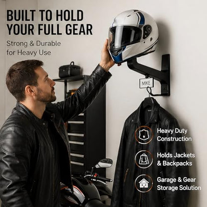 Motorcycle Helmet Wall Mount with Coat Hook & DIY Name Area,Heavy Duty Firefighter Helmet Hanger Wall Mount for Garage Storage,Motorbike,Garage,Fire Station&Firefighter Gear,Universal Helmet Holder