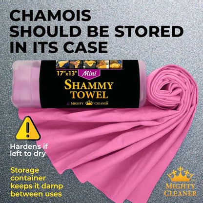 Premium 2pk Mini +1 Free Shammy Cloth for Car Drying - 17”x13” - Super Absorbent Chamois Towel for Car - Scratch-Free, Reusable & Soft Cleaning Towel - color: Pink, Blue, Yellow