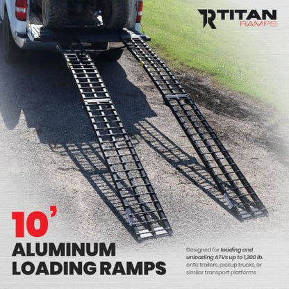 Titan Ramps 2-Pack 10-Feet Folding Aluminum ATV Arched Loading Ramp, Black – Portable and Compact with 1,200-Pound Capacity and Serrated Traction for Truck Bed or Trailer - size: 10 ft, 2 packs