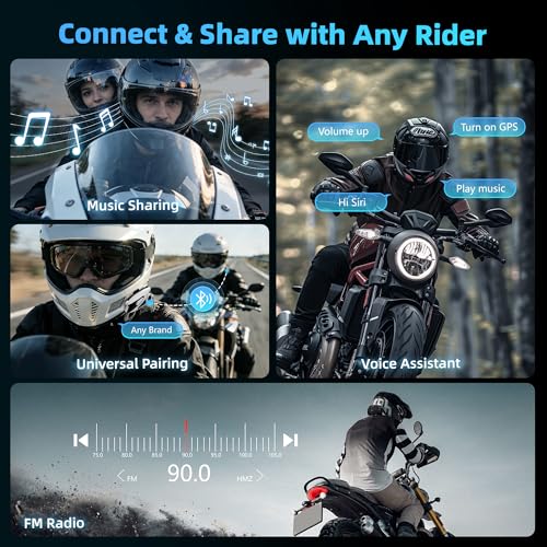 Motorcycle Bluetooth Headset with 43mm Helmet Speakers, 2-Way Helmet Intercom Communication System with Noise Cancellation, Music Sharing, FM, IP67 Waterproof (White,1-Pack) - color: White