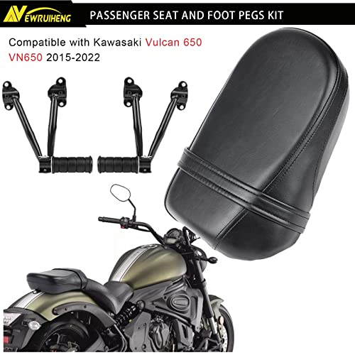 Black Synthetic Leather Rear Passenger Seat and Heavy Alloy Steel Foot Pegs Kit Compatible with Kawasaki Vulcan S 650 VN650 2015-2025