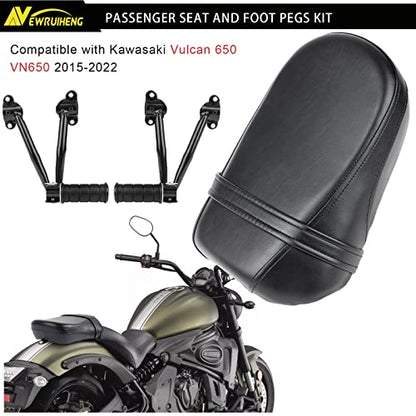 Black Synthetic Leather Rear Passenger Seat and Heavy Alloy Steel Foot Pegs Kit Compatible with Kawasaki Vulcan S 650 VN650 2015-2025