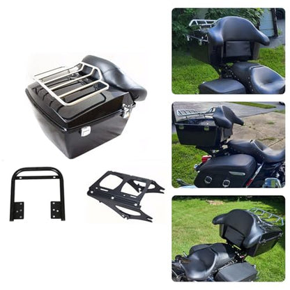 ECOTRIC King Luggage Trunk W/Backrest & Mount Rack Compatible with Harley Davidson Touring Model 2009-2013 Electra Glide/CVO/Road Glide/Road King/Street Glide Top Luggage Rack Carrier Set - color: Black, size: King Luggage Trunk W/ Backrest Pad & Luggage