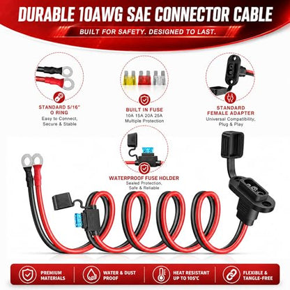 SAE to O Ring Connector 12FT 10AWG, SAE Battery Quick Connect Plug Waterproof Extension Cable for Solar Panel, Street & Road Glide Motorcycle Charging Port Upgrade, RV, Solar Generator Battery Charger - size: 12FT