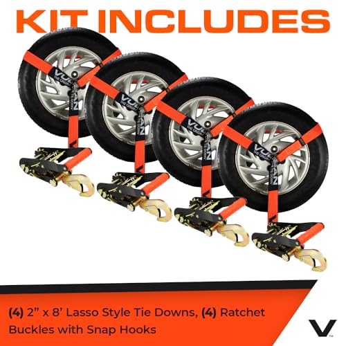VULCAN Car Tie Down with Snap Hooks - Lasso Style - 2 Inch x 96 Inch - 4 Pack - PROSeries - 3,300 Pound Safe Working Load - size: Snap Hooks - ProSeries Orange (4 Pack)