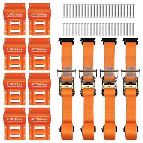 Wheel Chock Tie Down Kit, 4,400lb Break Strength — 4 Heavy Duty E-Track Tire Ratchet Straps & 8 Steel Wheel Chocks, Complete Trailer Tie Down System for ATV, UTV, Lawn Mower & SxS (Orange) - color: Orange, size: 4-Tire Kit-Orange