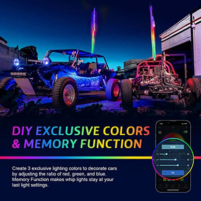 Ehaho 2 Pack 3FT Whip Lights with Spring Base,LED Whip Light with App & Remote Control, Spiral RGB Chasing Lighted Whips with Rocker Switch, Music Whip Light for UTV ATV Polaris RZR Can-Am SXS Truck - size: 3FT / (Pack of 2)